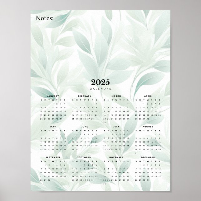 Minimal 2025 Wall Calendar Pale Green Leaf Poster  (Front)
