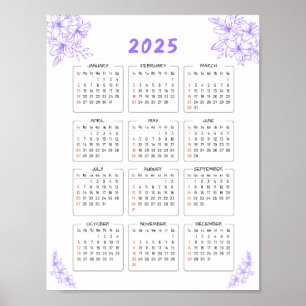 Minimal 2025 Wall Calendar Purple Floral Poster 