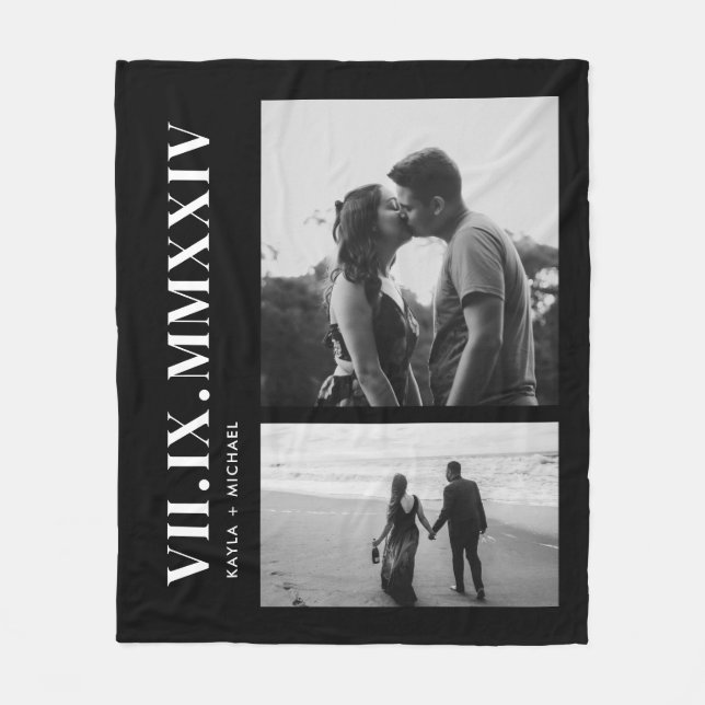 Minimal 2 Couple Photo Roman Numeral Date Fleece Blanket (Front)