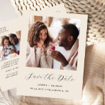 Minimal 2-Photo Beige Save the Date Announcement Postcard<br><div class="desc">This simple, minimalist Save the Date postcard features a square photo above the words "Save the Date" in elegant black handwriting script, followed by the couple's names, wedding date and city in sans serif font on a beige background. Add a second, horizontal photo and a more detailed message with additional...</div>