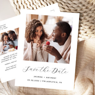 Minimal 2-Photo Black and White Save the Date Announcement Postcard