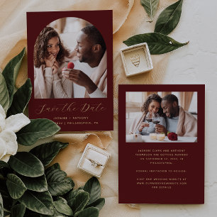 Minimal 2-Photo Boho Arch Burgundy Gold Save The Date