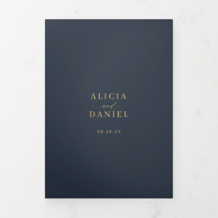 Minimal 2 photo gold dark blue wedding RSVP QR Tri-Fold Invitation