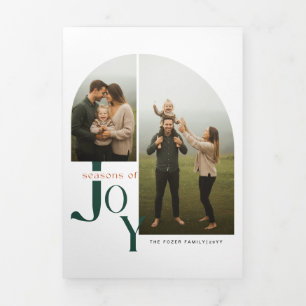 Minimal 2 Photo Green Family Christmas Tri-Fold Holiday Card