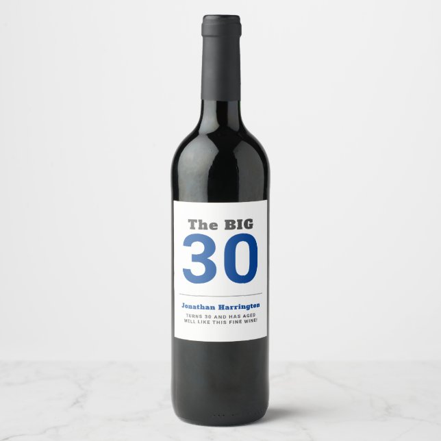 Minimal 30th Birthday Party Blue Wine Label (Front)