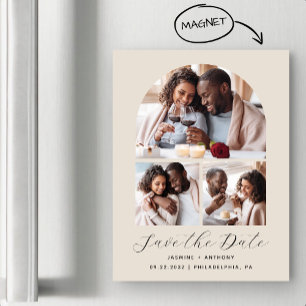 Minimal 3-Photo Arch Beige Save the Date Magnetic Invitation