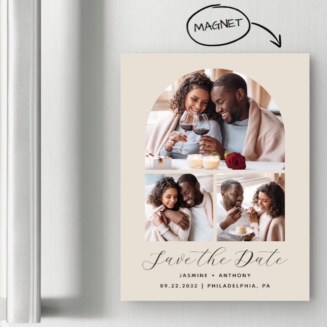 Minimal 3-Photo Arch Beige Save the Date Magnetic Invitation (Creator Uploaded)