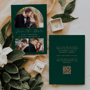 Minimal 3-Photo Arch Emerald Green Gold QR Code Save The Date