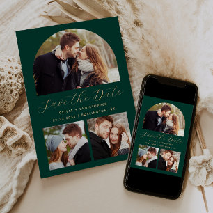 Minimal 3-Photo Boho Arch Emerald Green Gold Save The Date