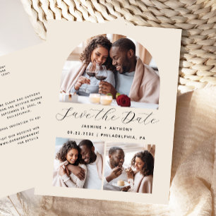 Minimal 3 Photo Collage Arch Beige Save the Date Postcard