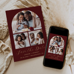 Minimal 3-Photo Collage Arch Burgundy Gold Save The Date