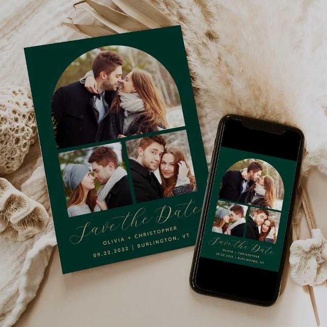 Minimal 3-Photo Collage Arch Emerald Green Gold Save The Date (Creator Uploaded)