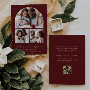 Minimal 3-Photo Collage Arch QR Code Burgundy Gold Save The Date
