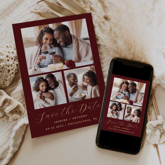 Minimal 3-Photo Collage Burgundy Gold Save The Date (Creator Uploaded)