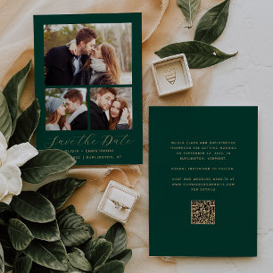 Minimal 3-Photo Collage Emerald Green Gold QR Code Save The Date