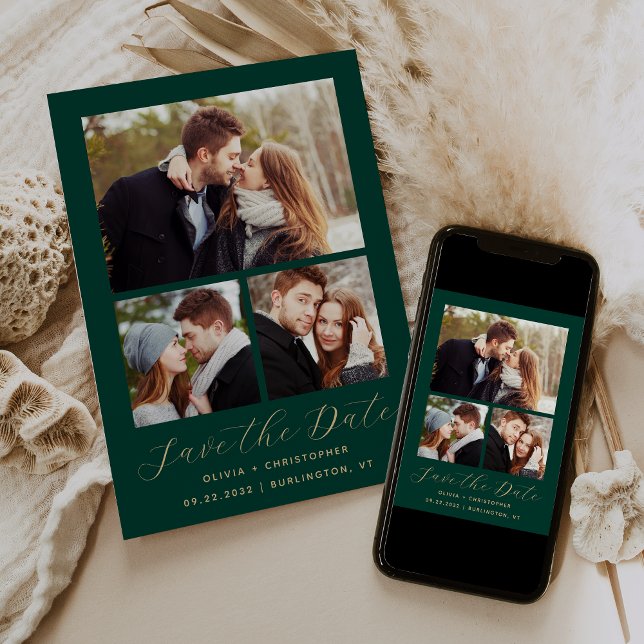 Minimal 3-Photo Collage Emerald Green Gold Save The Date (Creator Uploaded)