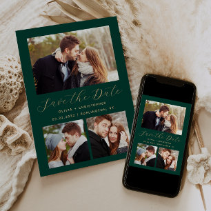 Minimal 3-Photo Collage Emerald Green Gold Save The Date