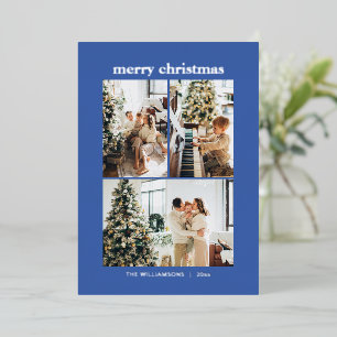 Minimal 3 Photo Collage Merry Christmas Blue Gold Foil Holiday Card