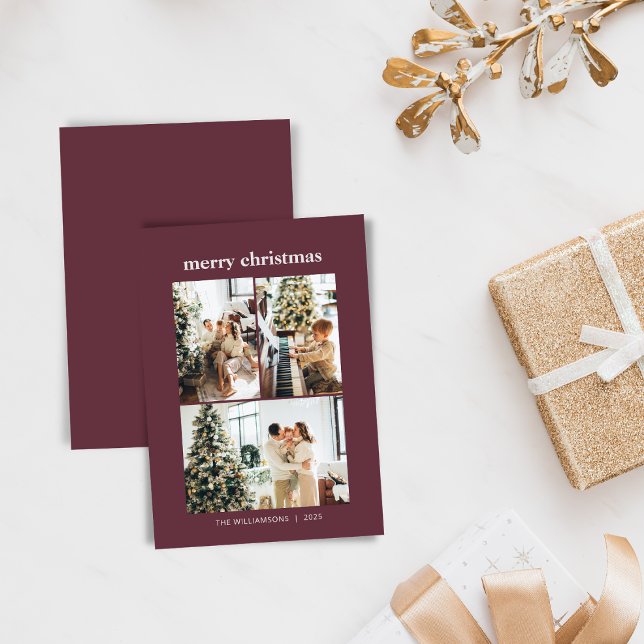 Minimal 3 Photo Collage Merry Christmas Burgundy Holiday Card (Creator Uploaded)