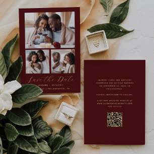 Minimal 3-Photo Collage QR Code Burgundy Gold Save The Date