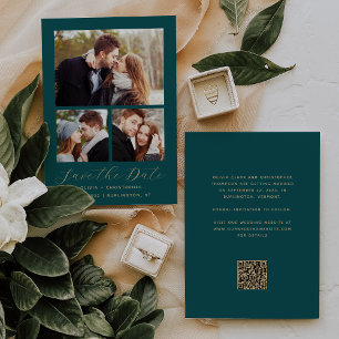 Minimal 3-Photo Collage Teal Blue Gold QR Code Save The Date