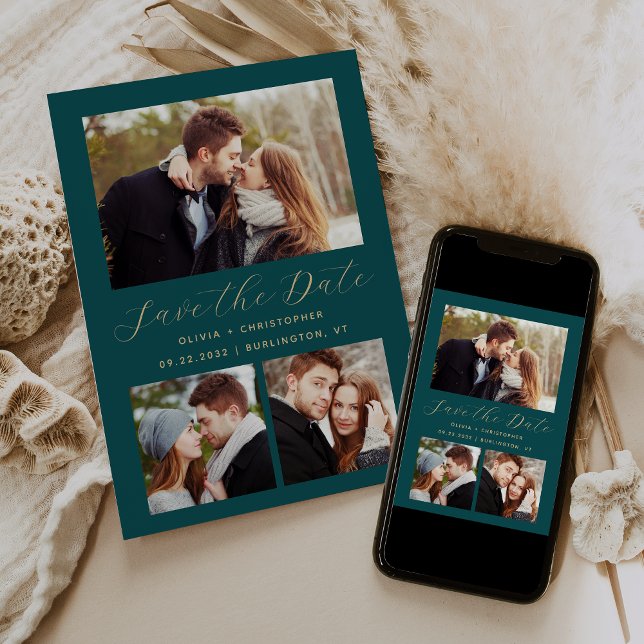 Minimal 3-Photo Collage Teal Blue Gold Save The Date (Creator Uploaded)
