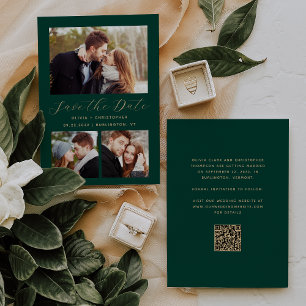 Minimal 3-Photo Emerald Green Gold QR Code Save The Date