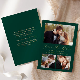 Minimal 3-Photo Emerald Green Gold Save the Date