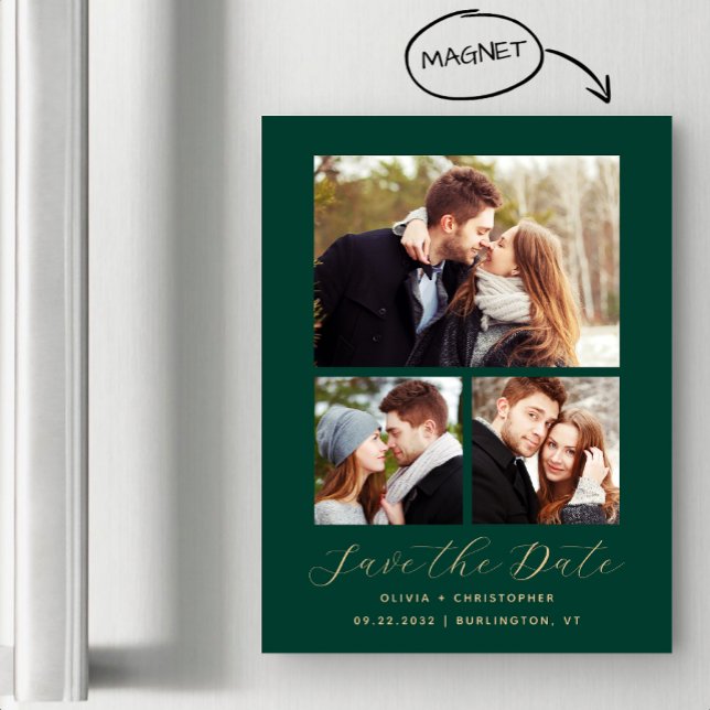 Minimal 3-Photo Emerald Green Gold Save the Date Magnetic Invitation (Creator Uploaded)