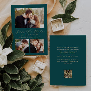 Minimal 3-Photo Teal Blue Gold QR Code Save The Date