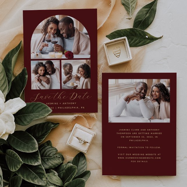 Minimal 4-Photo Arch Burgundy Gold Save The Date (Creator Uploaded)