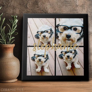 Minimal 4 Photo Collage - Black - Gold Script Text Ceramic Tile