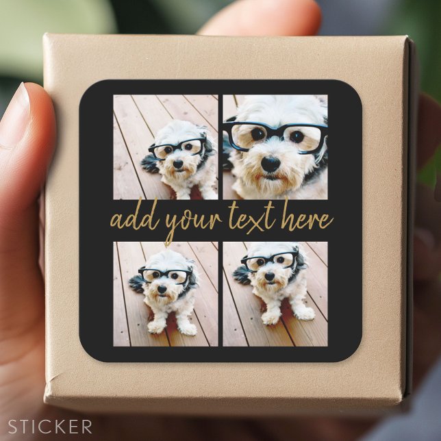 Minimal 4 Photo Collage - Black - Gold Script Text Square Sticker (Custom Sticker)