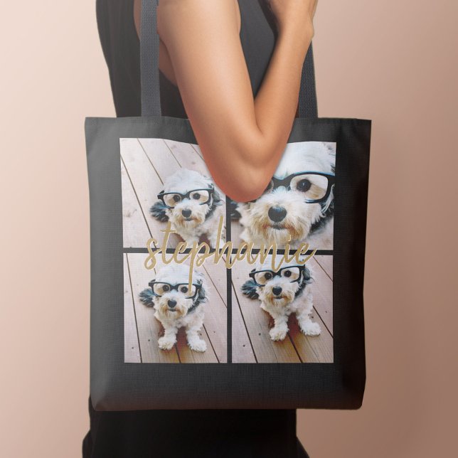 Minimal 4 Photo Collage - Black - Gold Script Text Tote Bag (Personalized tote bag with photo and text)