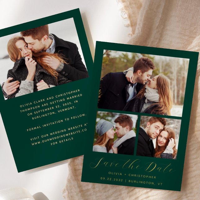Minimal 4-Photo Emerald Green Gold Save the Date (Creator Uploaded)