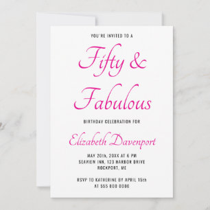 Minimal 50 and Fabulous Black and Pink Birthday Invitation