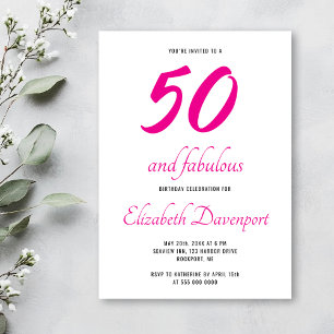 Minimal 50 and Fabulous Black and Pink Birthday Invitation