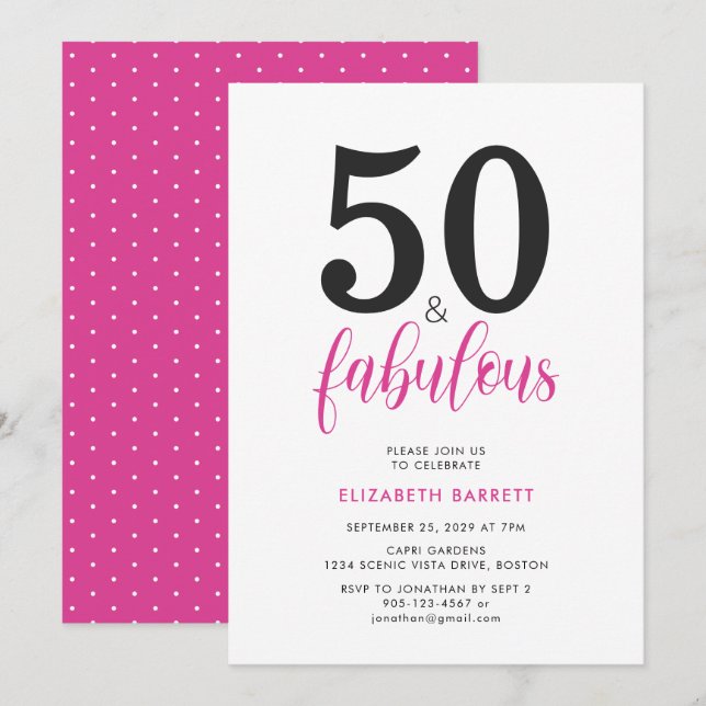 Minimal 50 and Fabulous Pink 50th Birthday Party Invitation (Front/Back)