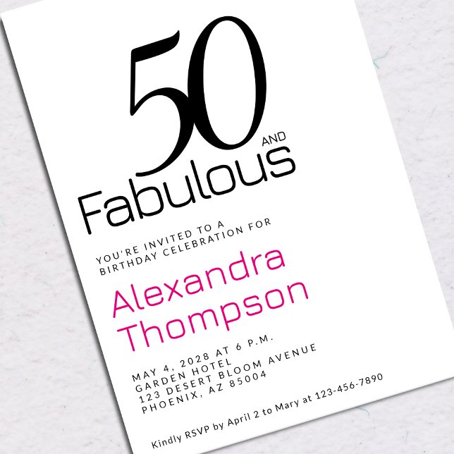 Minimal 50 and Fabulous Pink 50th Birthday Party Invitation (Creator Uploaded)