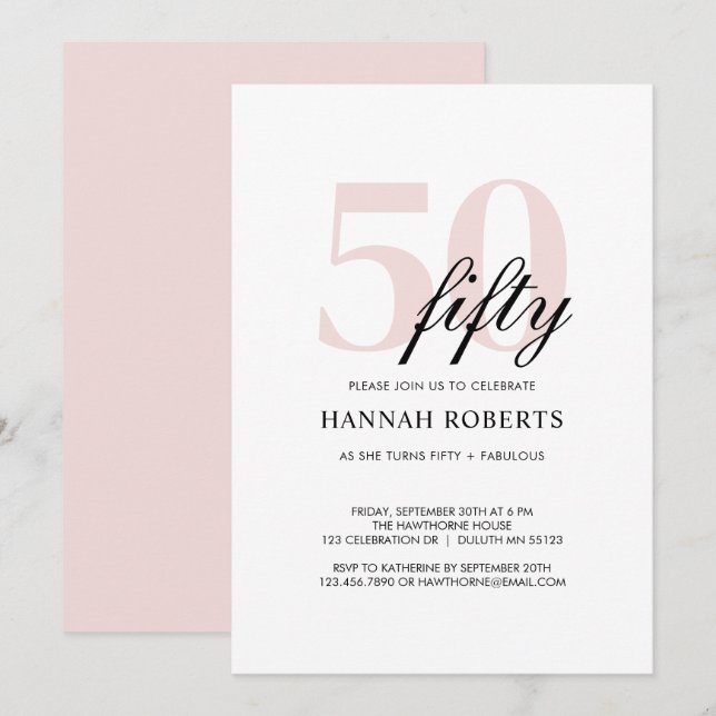 Minimal 50 and Fabulous Pink 50th Birthday Party Invitation (Front/Back)
