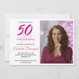 Minimal 50 and Fabulous Pink Photo Birthday Invitation