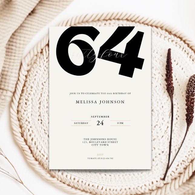 Minimal 64th Birthday Invitation - Bold Typo (Minimal 64th birthday invitation with bold typography for man and woman in black and white)