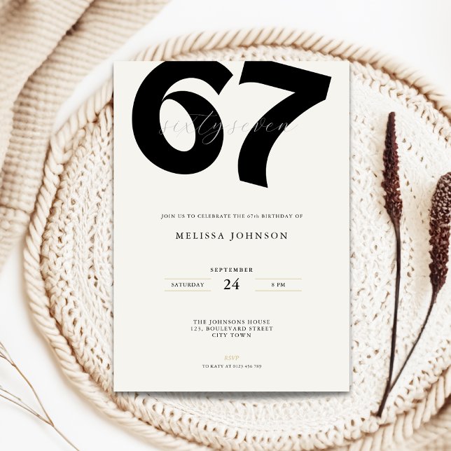 Minimal 67th Birthday Invitation - Bold Typo (Minimal 67th birthday invitation with bold typography for man and woman in black and white)