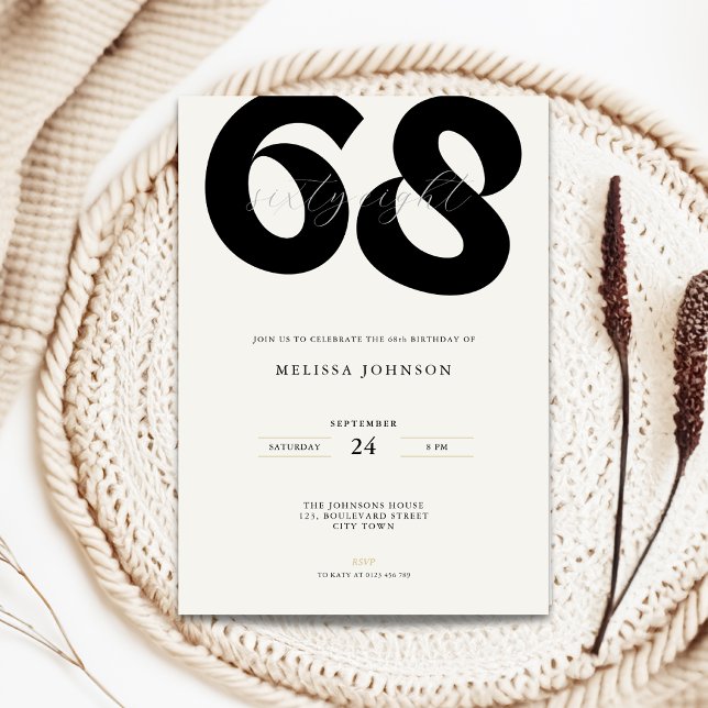 Minimal 68th Birthday Invitation - Bold Typo (Minimal 68th birthday invitation with bold typography for man and woman in black and white)