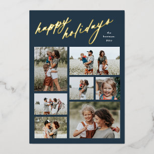 Minimal 7 Photo Collage Script Happy Holidays Foil Holiday Card