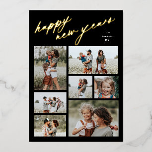 Minimal 7 Photo Collage Script Happy New Year Foil Holiday Card