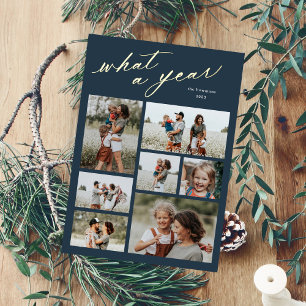 Minimal 7 Photo Collage Script What a Year Foil Holiday Card
