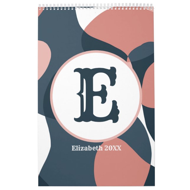 Minimal abstract creative pink blue rose monogram calendar (Cover)