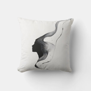 Minimal Abstract Woman Face with Line Art Hair Cushion