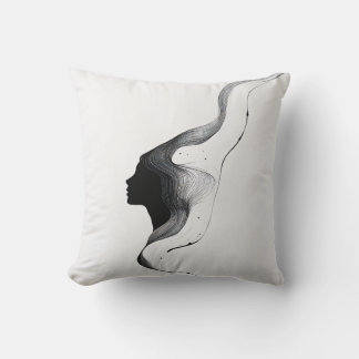 Minimal Abstract Woman Face with Line Art Hair Cushion